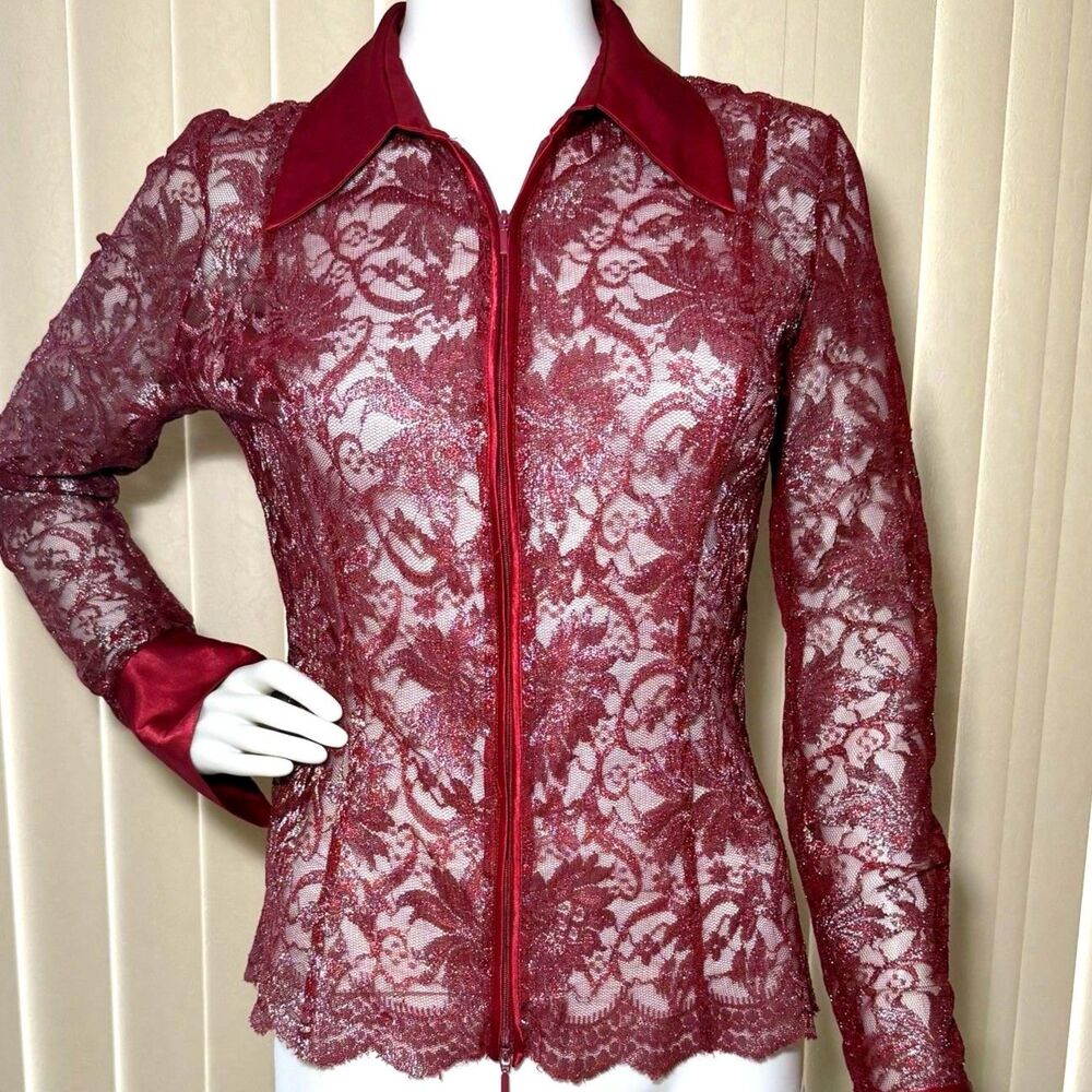 Vintage Cache Burgundy Sheer Floral Lace Blouse Medium Satin Collar Cuffs USA